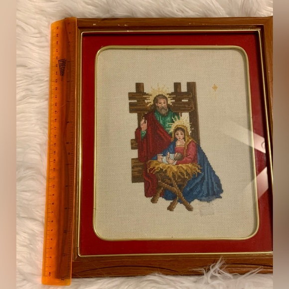 Handmade Framed Cross-Stitch Nativity Scene With Wooden Frame & Red Matting - Picture 2 of 6
